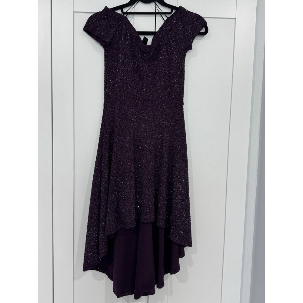 Windsor Purple Glitter Fit & Flare Hi-Low Dress Cowl Neck Cap Sleeve M